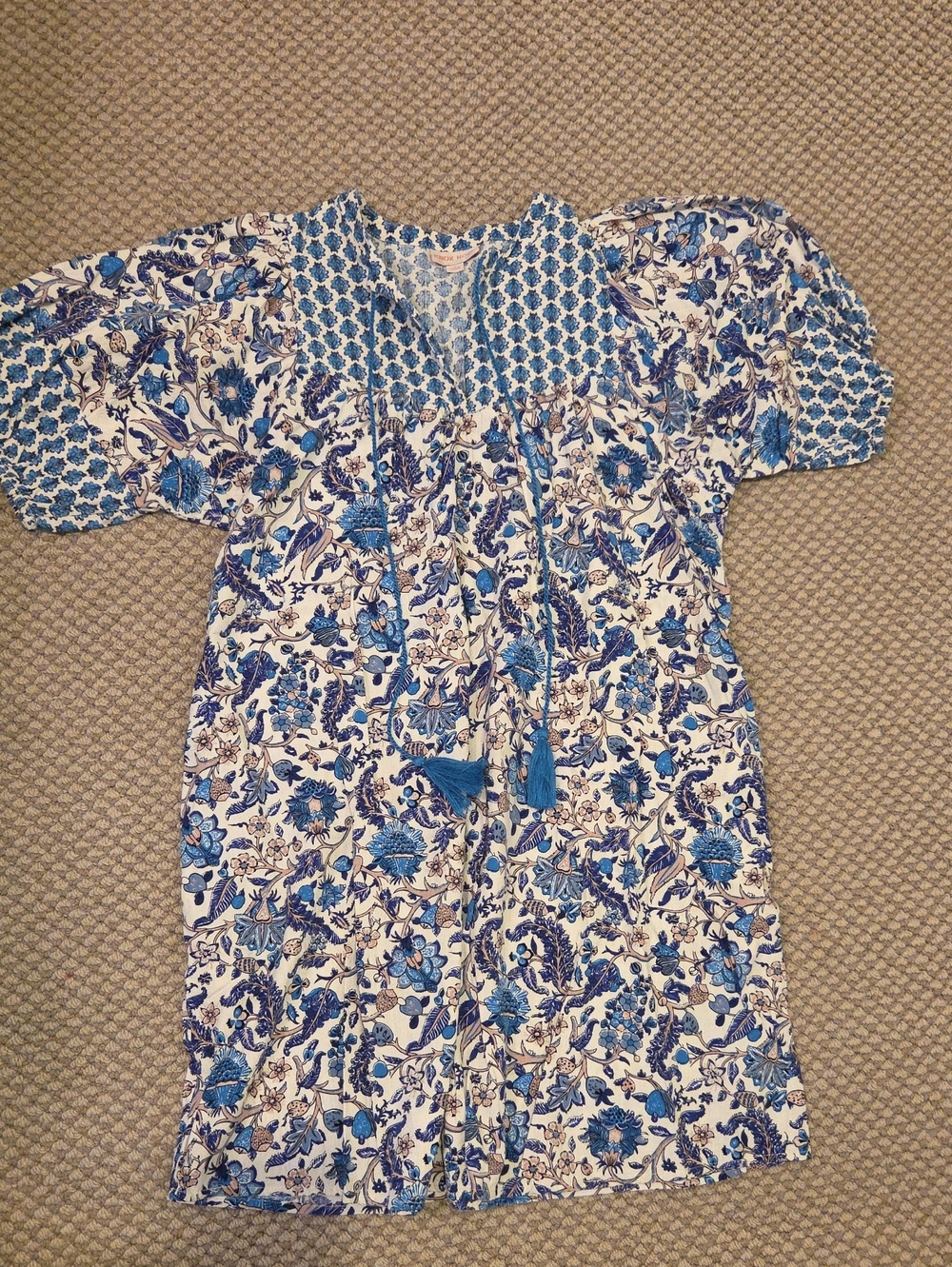 Knox Rose Blue and White Floral Tassel Dress Sz S